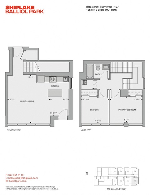 Floor plan for 2 beds, 1 bath, 1053 sqft